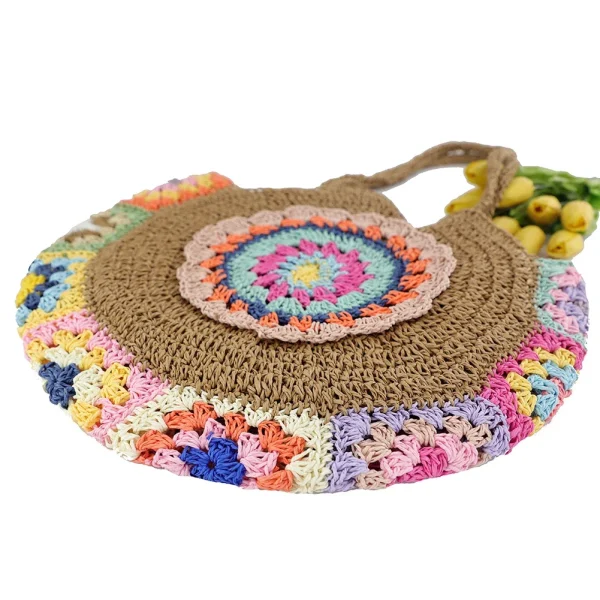 Women Fashion Woven Handbag Round Straw Woven Tote Bag Vacation Shoulder Bag Large Capacity Ethnic Style for Travel Vacation - Image 2