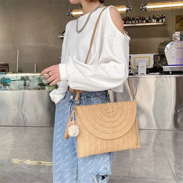 Summer Beach Handmade Straw Woven Clutch, Elegant Women's Casual Shoulder Crossbody Bag with Detachable Shoulder Strap - Image 5
