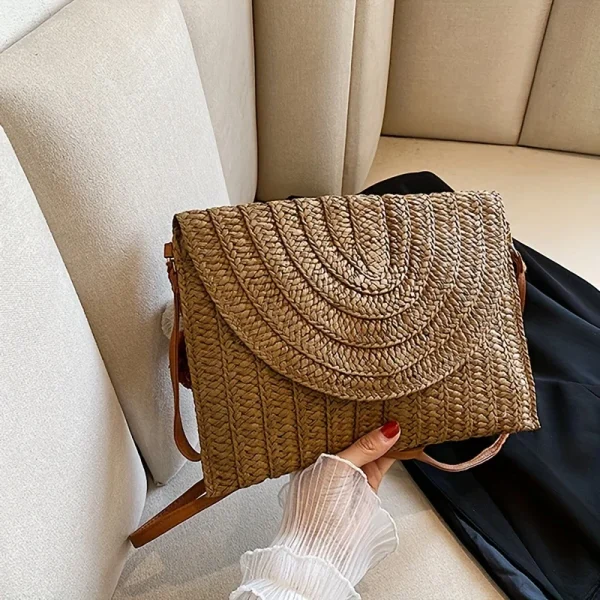 Summer Beach Handmade Straw Woven Clutch, Elegant Women's Casual Shoulder Crossbody Bag with Detachable Shoulder Strap - Image 2