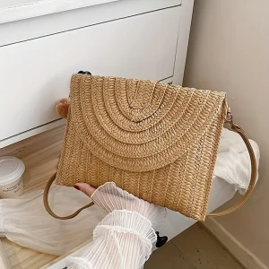 Summer Beach Handmade Straw Woven Clutch, Elegant Women's Casual Shoulder Crossbody Bag with Detachable Shoulder Strap