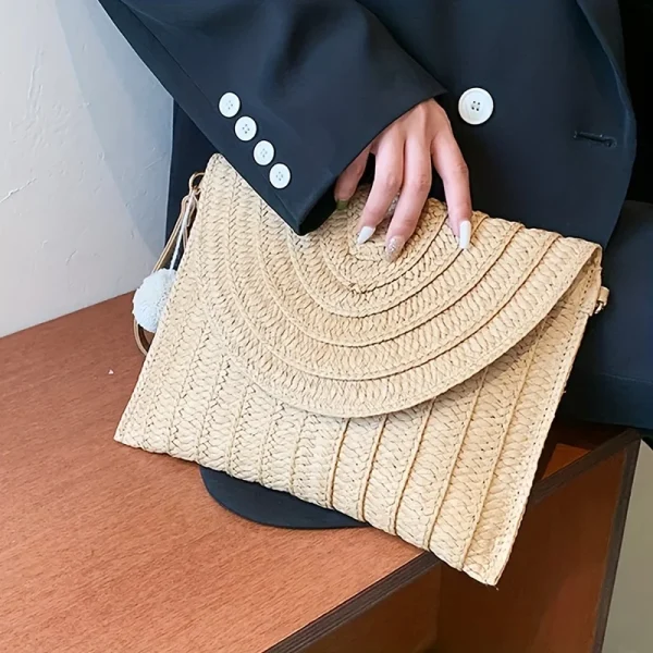 Summer Beach Handmade Straw Woven Clutch, Elegant Women's Casual Shoulder Crossbody Bag with Detachable Shoulder Strap - Image 4