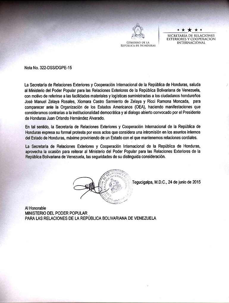 Según la nota, Honduras formaliza su protesta ante Venezuela por actos que son una intromisión en los asuntos internos.