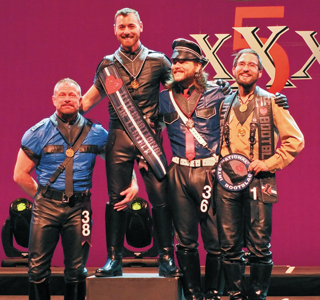 Robert Miller, second runner-up; Andy Cross, International Mr. Leather 2013; Thib Guicherd-Callin, ?rst runner-up; Sammy, International Mr. Bootblack 2013. Photo by Steve Lenius
