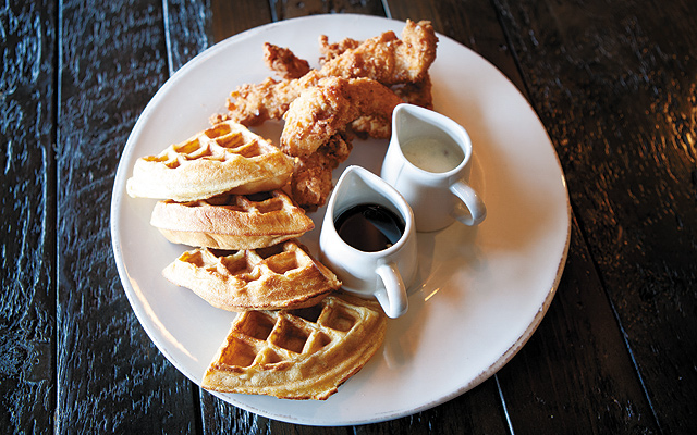 Fried chicken and waffles—lightly breaded sweet tea-brined chicken with gravy paired with a waffle slathered with warm Sriracha maple syrup. (How can I describe it other than it felt close to a religious experience?)