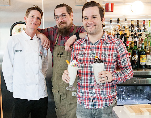 A team of talent with Chef Heidi Marsh, Bar Manager Ryan Barott, and Front of House Manager Michael DeGidio. Chef Heidi's philosophies include making the food simple, affordable and fun, while maintaining "a culture in the kitchen that reflects everyday people in the community." She says they look for hidden talents in people and teach as they go to keep a great group of cooks, hosts, bartenders, and servers at the Hi-Lo. Photo by Hubert Bonnet