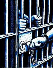 drawing of prisoner's hands gripping bars of cell as a guard unlocks the cell