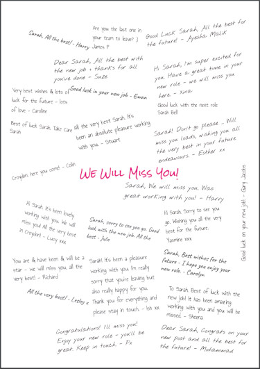 The inside of a leaving card