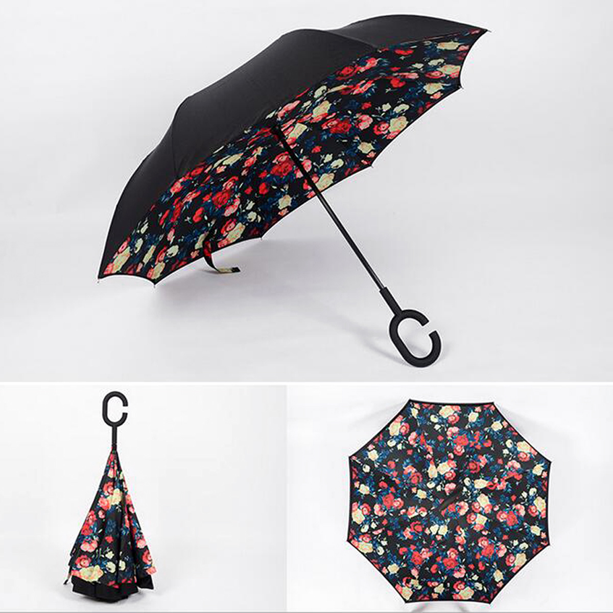 Black + Colorful Windproof Folding Double Layer Reverse Umbrella w/Hook