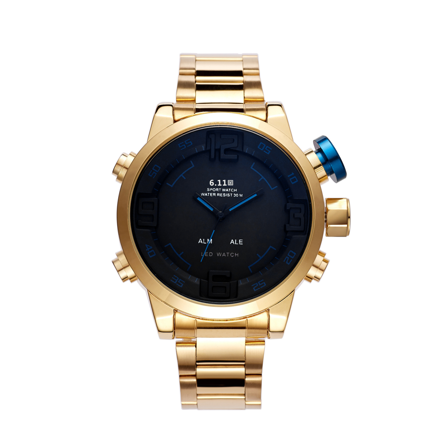 Men Watches Luminous Digital Analog Gold Stainless Steel Band Black