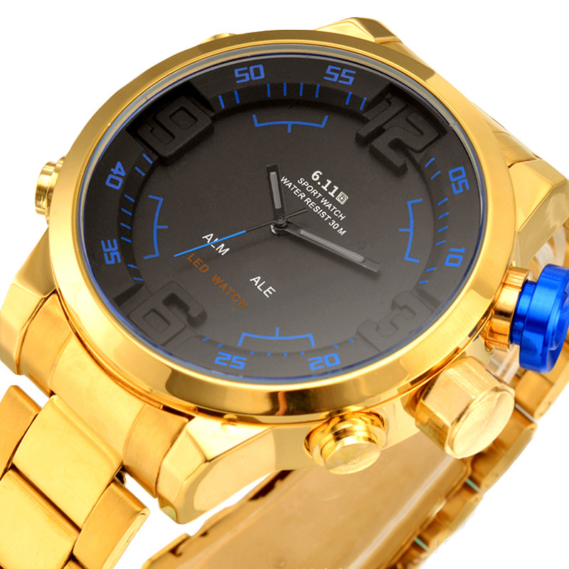 Men Watches Luminous Digital Analog Gold Stainless Steel Band Black