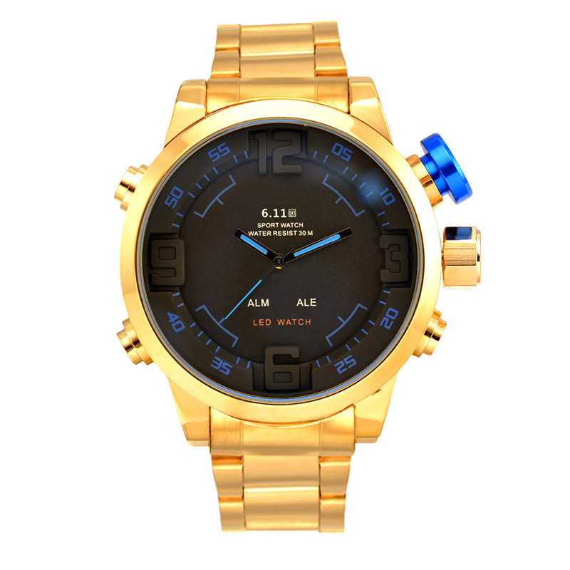 Men Watches Luminous Digital Analog Gold Stainless Steel Band Black