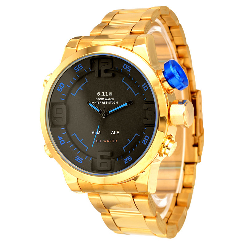 Men Watches Luminous Digital Analog Gold Stainless Steel Band Black