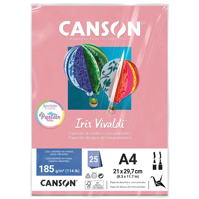 Papel Color Vivaldi A4 185g Cores Pasteis com 25 folhas - Canson