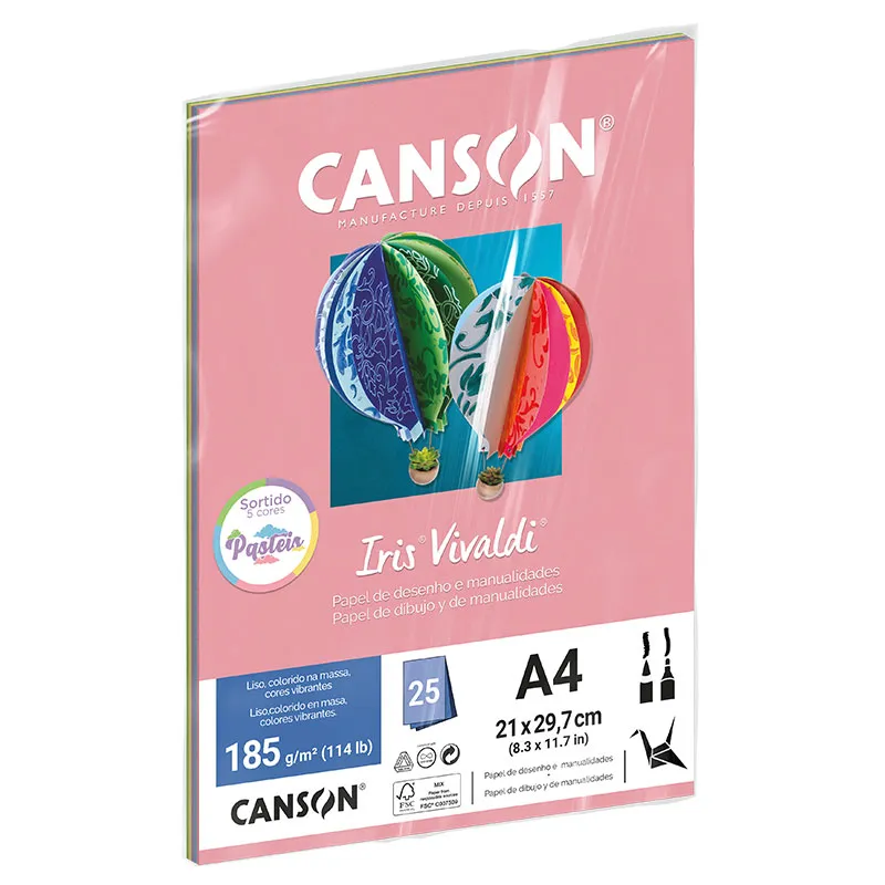 Papel Color Vivaldi A4 185g Cores Pasteis com 25 folhas - Canson