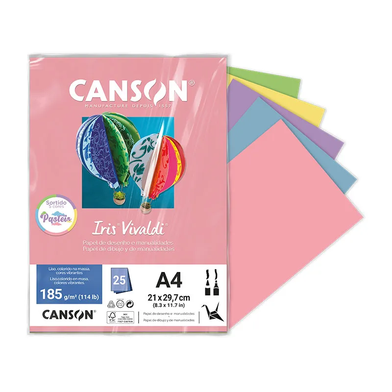 Papel Color Vivaldi A4 185g Cores Pasteis com 25 folhas - Canson