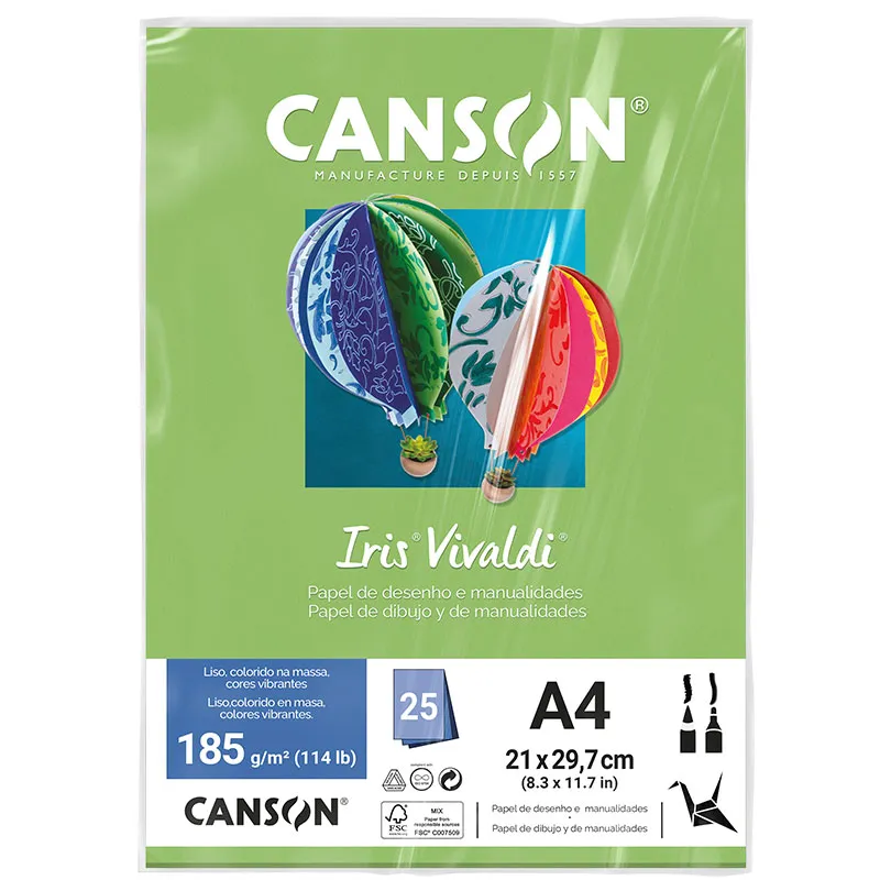 Papel Color Vivaldi A4 185g Maça Verde com 25 folhas - Canson