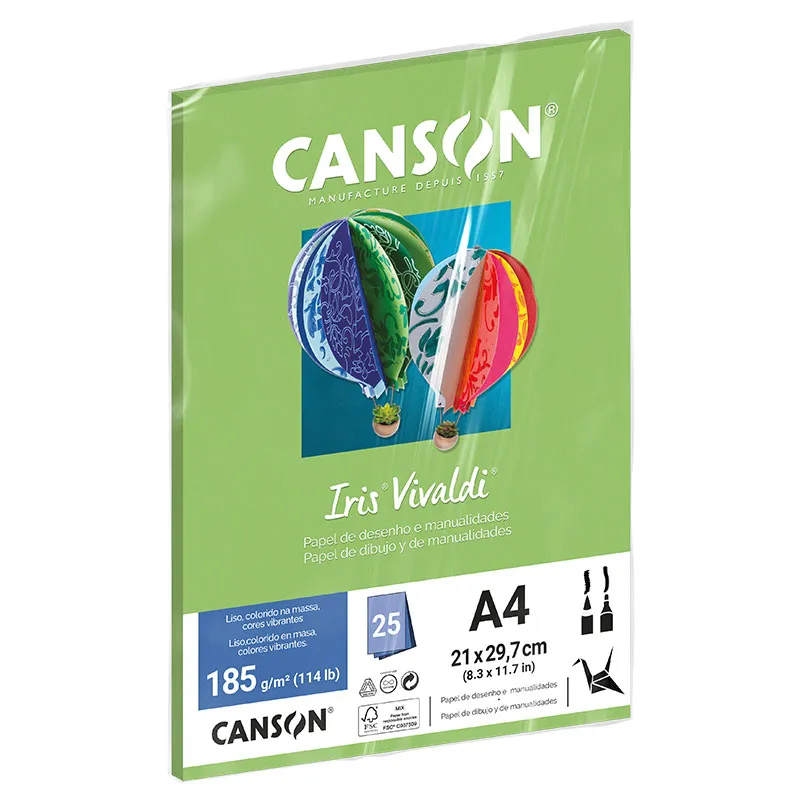 Papel Color Vivaldi A4 185g Maça Verde com 25 folhas - Canson