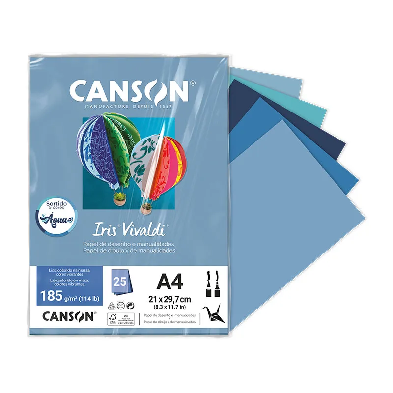 Papel Color Vivaldi A4 185g Sortido Água com 25 folhas - Canson