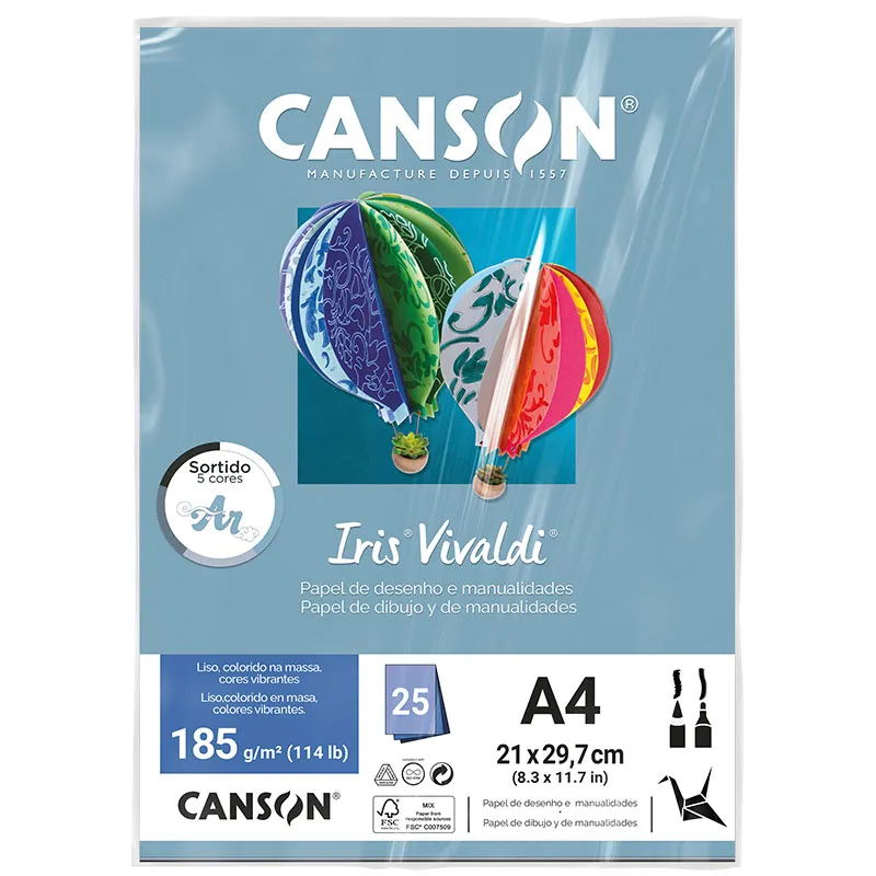 Papel Color Vivaldi A4 185g Sortido Ar com 25 folhas - Canson