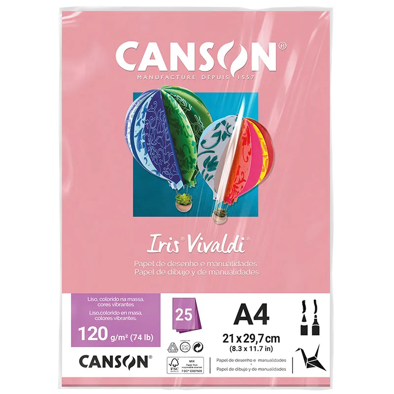Papel Color Vivaldi A4 120g Rosa Claro com 25 folhas - Canson