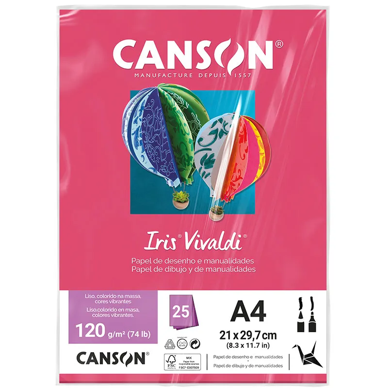 Papel Color Vivaldi A4 120g Rosa Escuro com 25 folhas - Canson