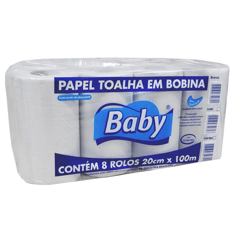 Papel toalha bobina 100% Celulose Virgem 20x100 com 8 rolos - Baby