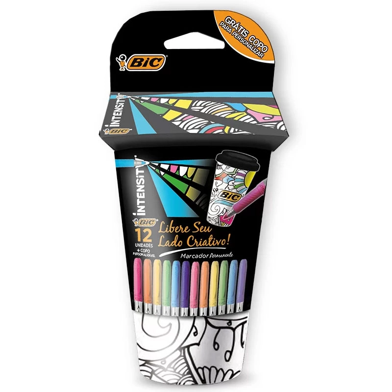 Kit marcadores Intensity com 12 unidades + copo personalizável - Bic