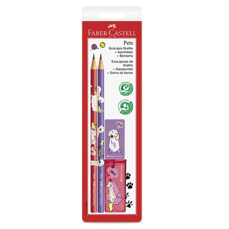 Lápis preto Pets Rosa e Roxo SM/935PETRR com 2 lápis 1 borracha e 1 apontador - Faber-Castell