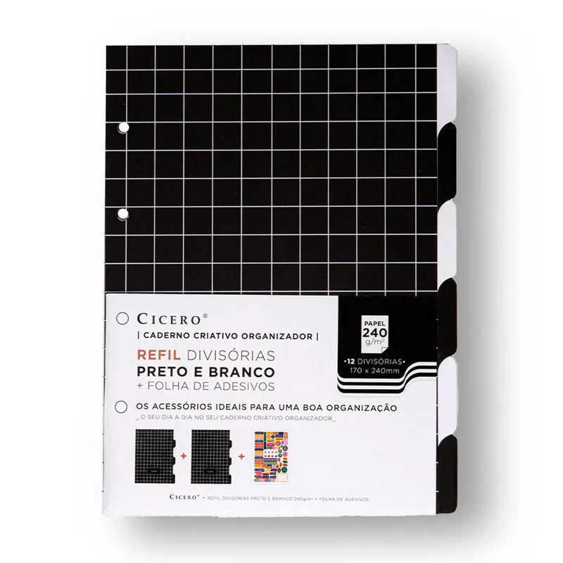Divisória médio criativo argolado preto e branco com 12 abas e 1 folha adesivo - Cicero