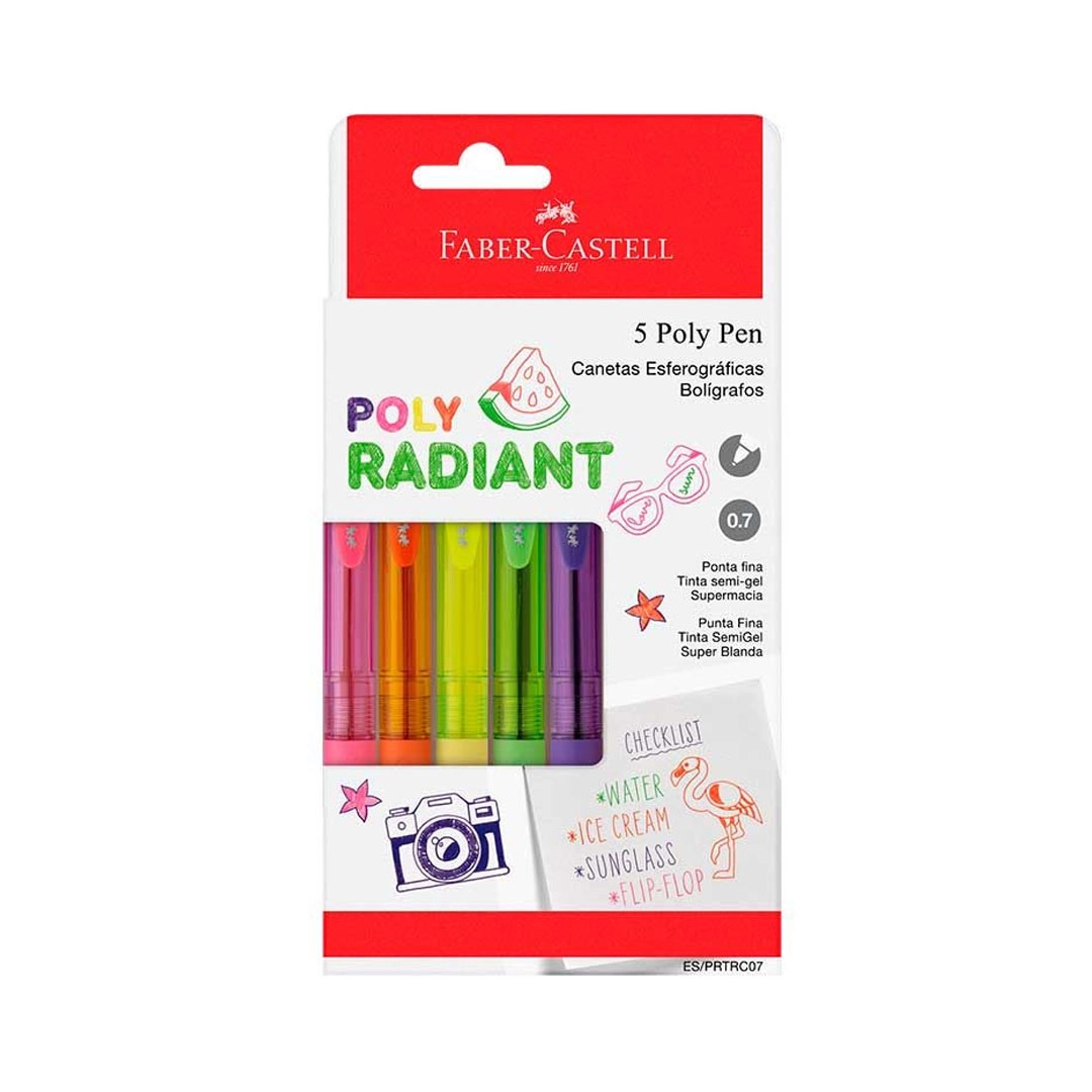 Caneta esferográfica 0.7 Poly Radiant Colors ES/PRTRC07 com 5 unidades - Faber-Castell