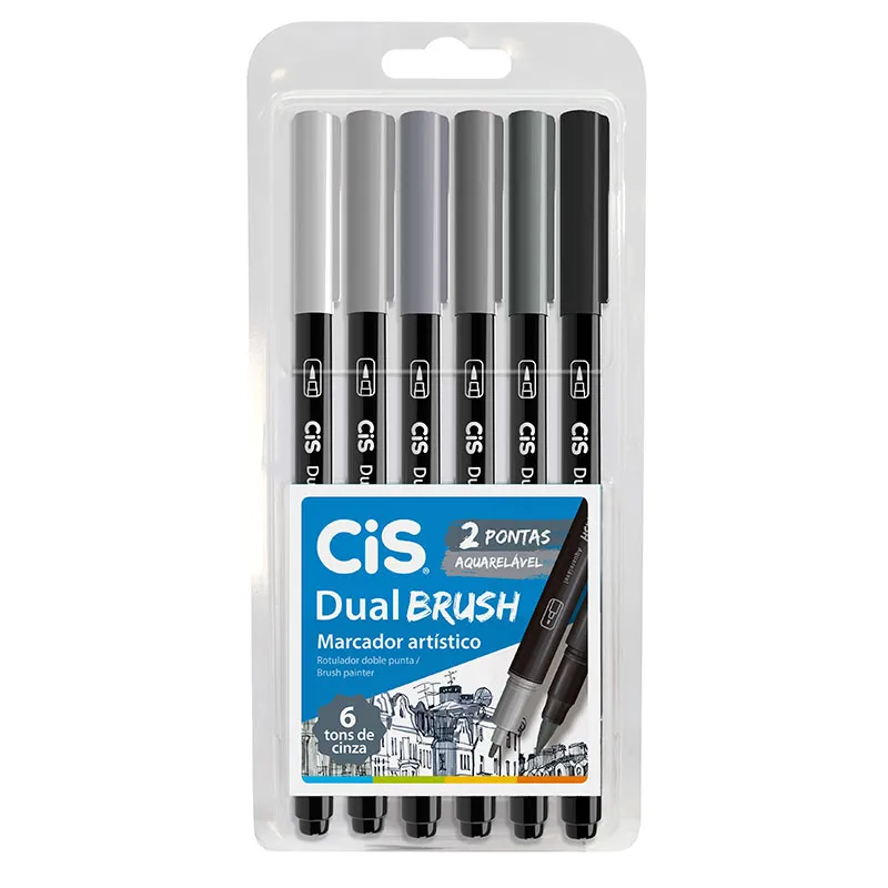 Caneta pincel dual Brush Aquarelável - com 6 cores tons de cinza - Cis