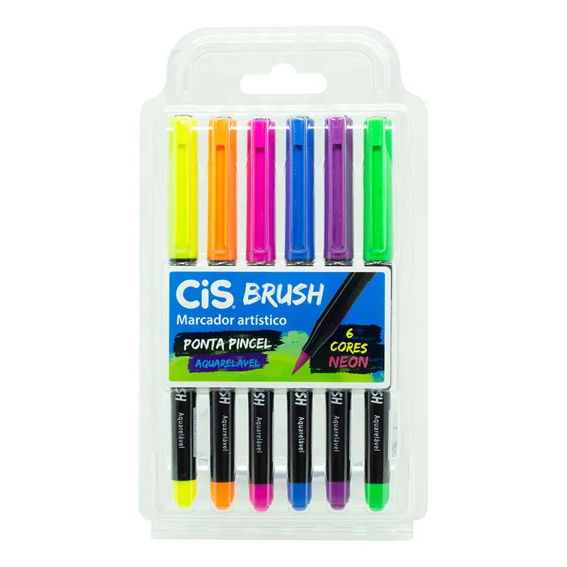 Caneta pincel Brush Aquarelável - com 6 cores neon - Cis