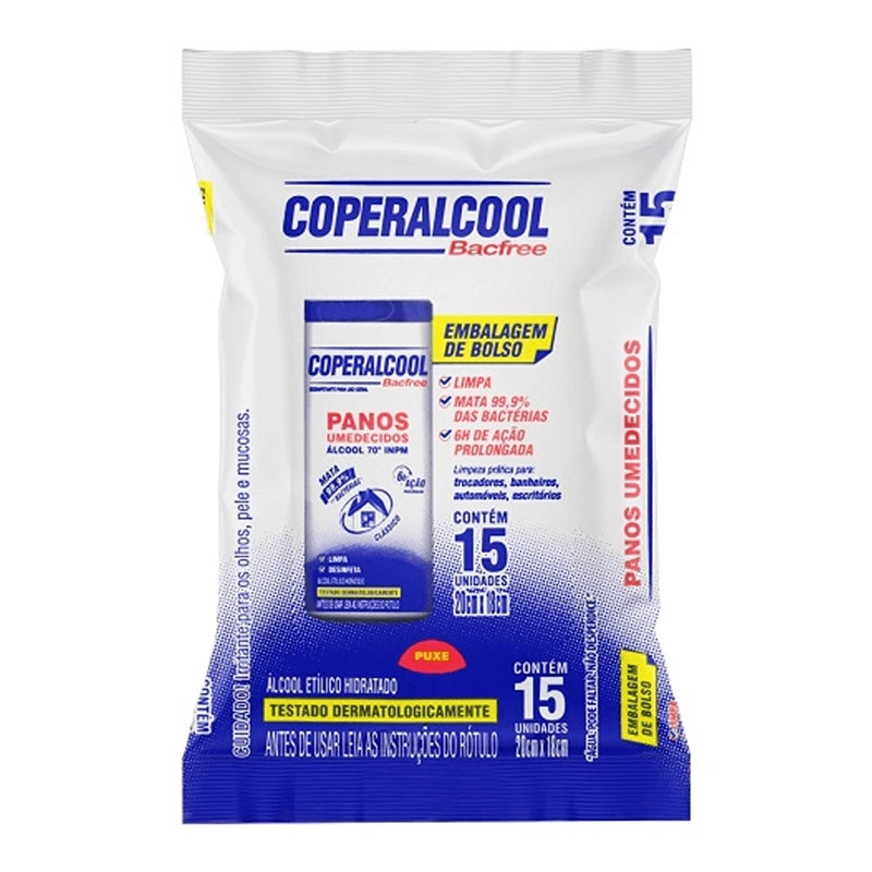 Lenço umedecido antisséptico com 15 unidades - Coperalcool