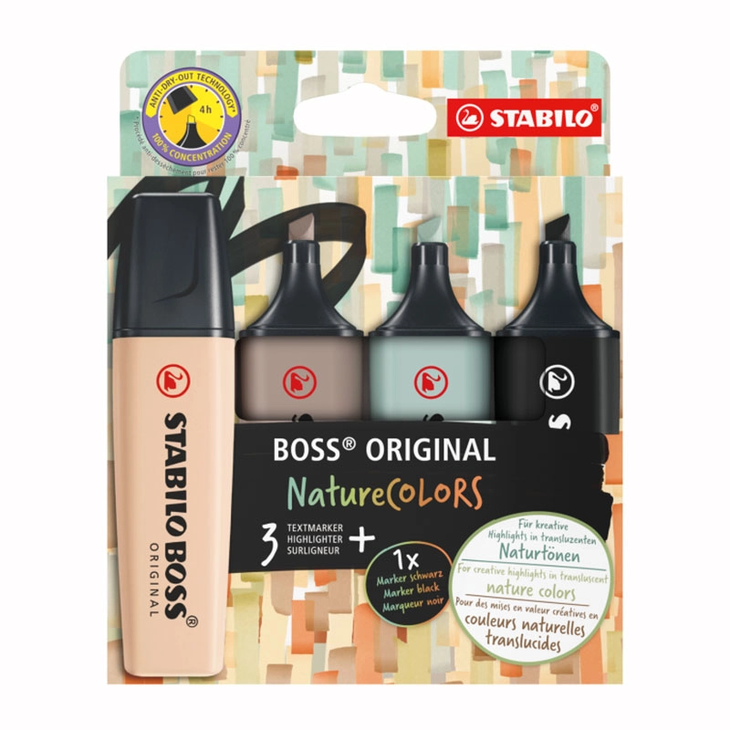 Pincel marca texto Boss Nature Colors 70/4-2-5 estojo com 4 cores - Stabilo