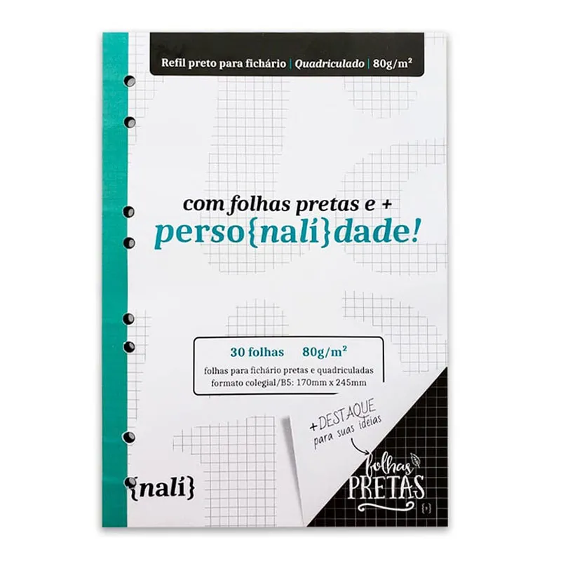Bloco para fichário colegial quadriculado Preto 8 furos 30 fls - Nali