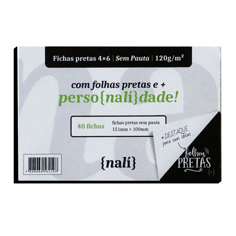 Ficha sem pauta preta 4x6 - pacote com 40 folhas - Nali