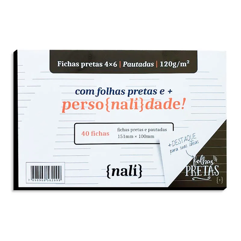 Ficha pautada preta 4x6 - pacote com 40 folhas - Nali