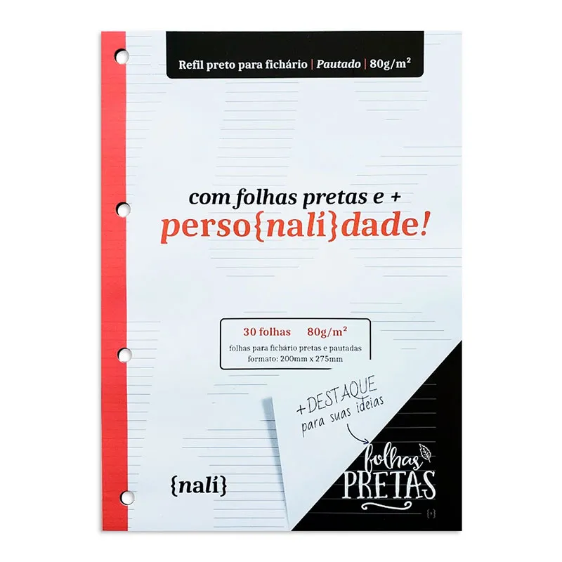 Bloco para fichário universitário pautado Preto 4 furos 30 fls - Nali