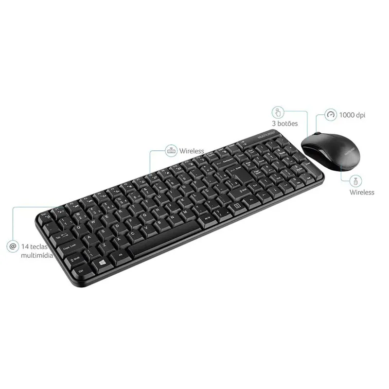 Teclado e mouse sem fio USB 2.4Ghz Preto multimídia - TC183 - Multi
