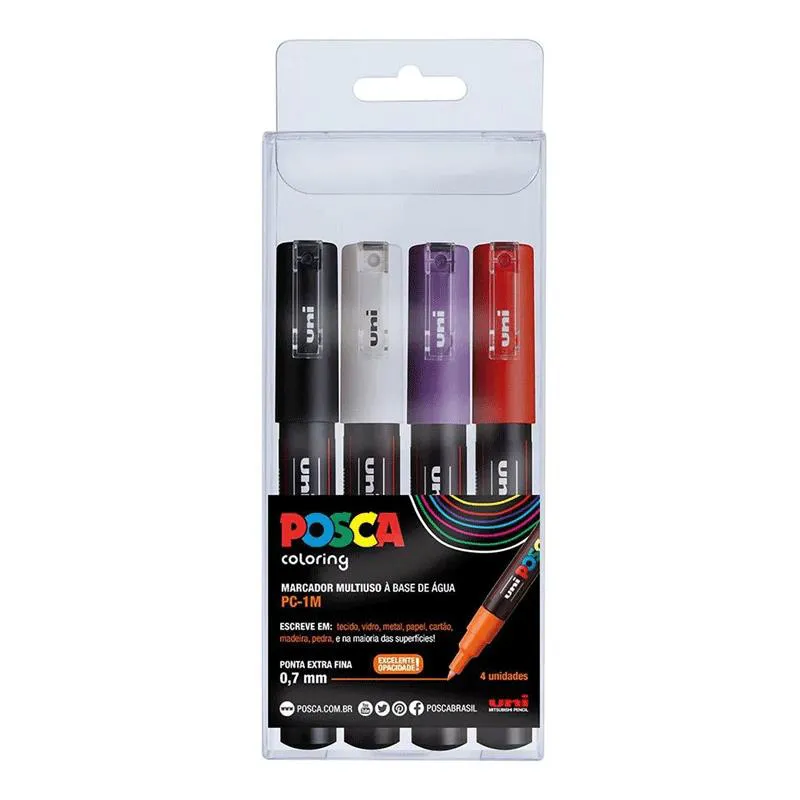 Caneta Posca PC-1M estojo com 4 cores - Uni-Ball