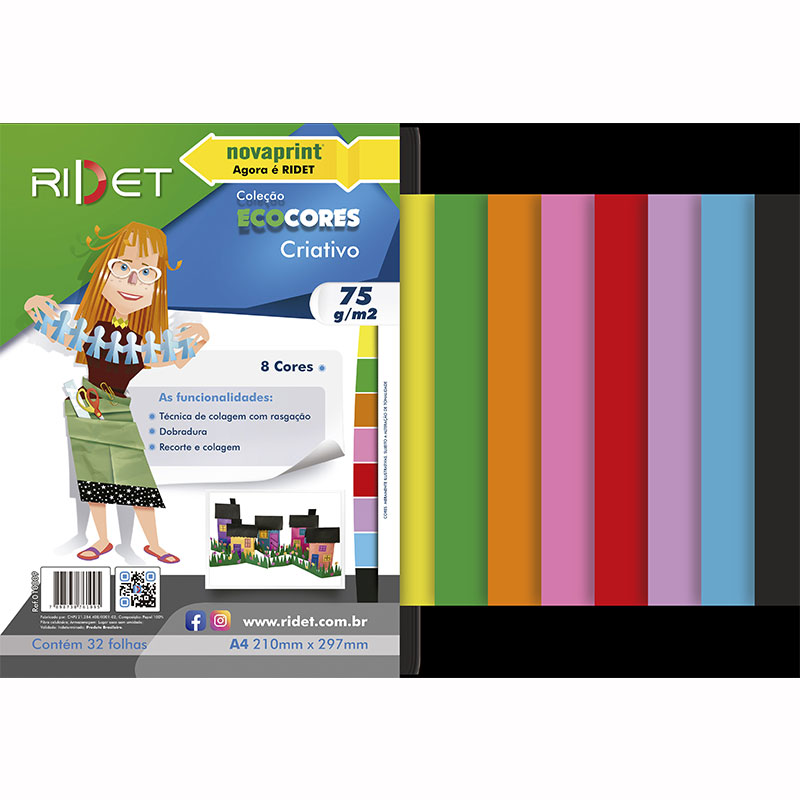 Bloco ecocores criativo 75g 210x297mm 32 folhas 8 cores 010009