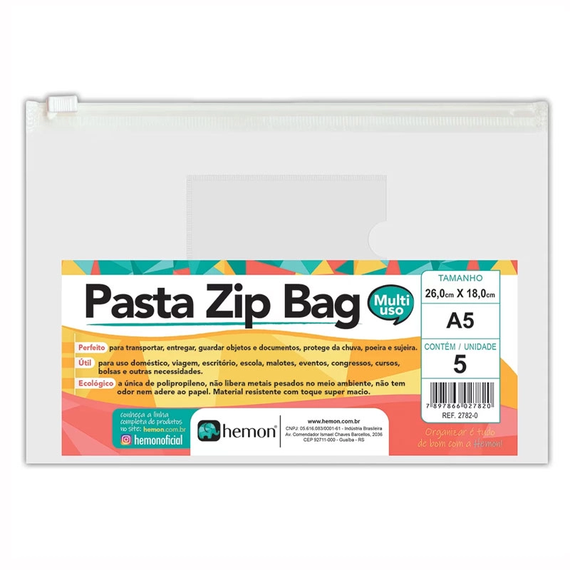 Pasta Zip Bag versátil cristal 2782 26x18cm 5 unidades - Hemon