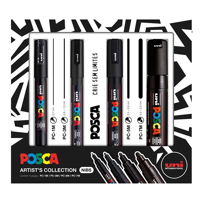 Caneta Posca Artists Collection NIBS - preto - estojo com 4 unidades - Uni-Ball