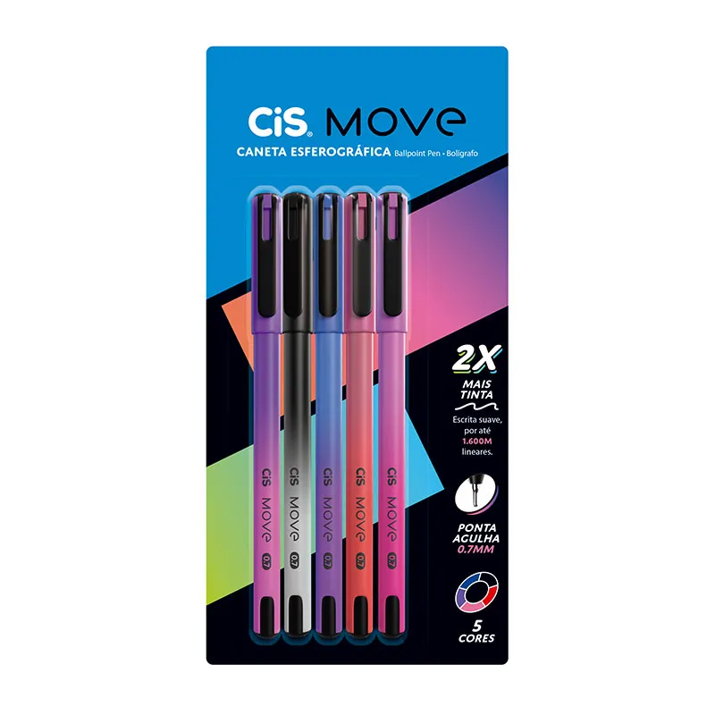 Caneta esferográfica 0.7mm Move com 5 cores - Cis