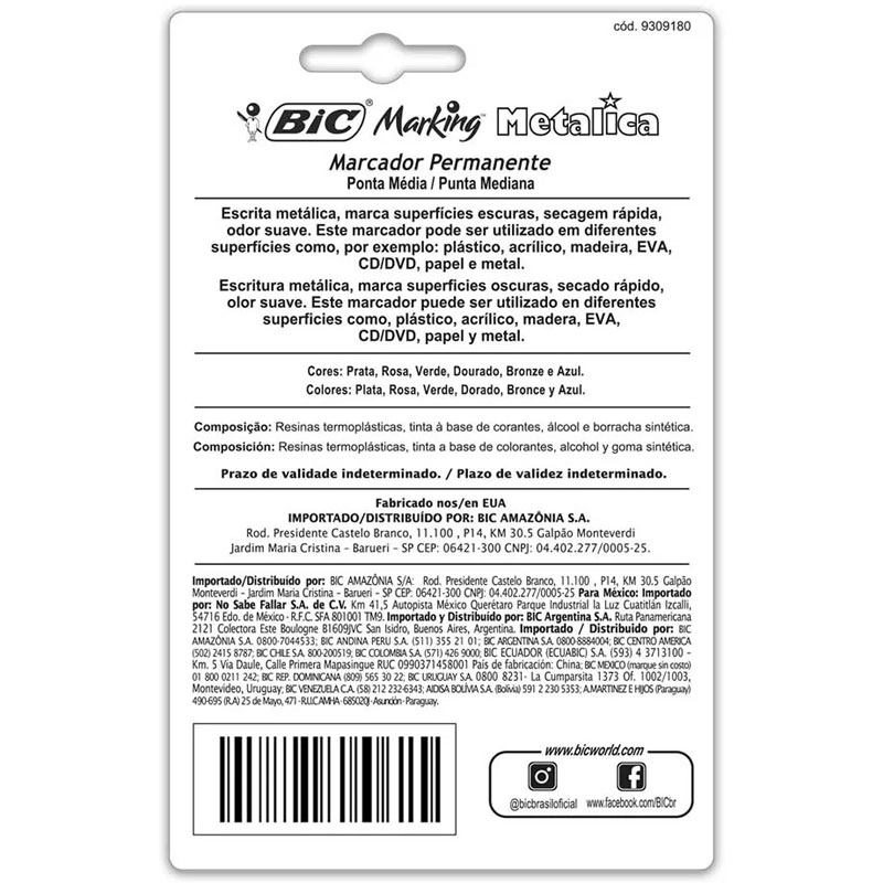 Pincel marcador permanente Marking Metálico com 6 cores 971035 - Bic