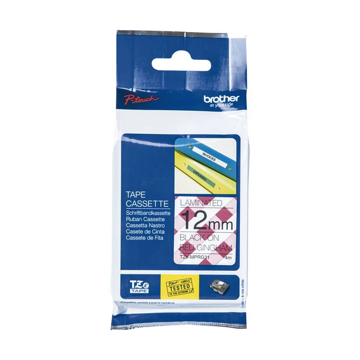 Fita para rotulador TZEMPRG31 vermelho xadrez escrita preto 12mm - Brother