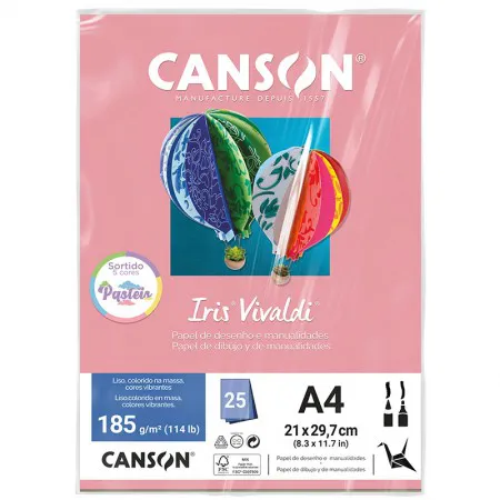 Papel Color Vivaldi A4 185g Cores Pasteis com 25 folhas - Canson