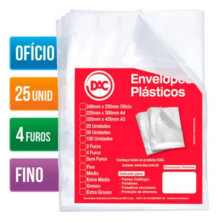 Envelope plástico ofício 0.06 4 furos 5070 pacote com 25 unidades - Dac
