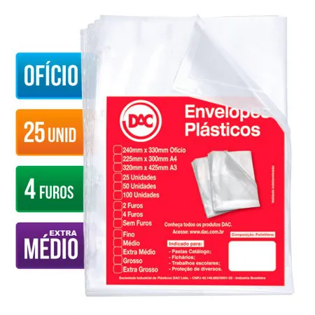 Envelope plástico ofício 0.12 4 furos 5178 pacote com 25 unidades - Dac