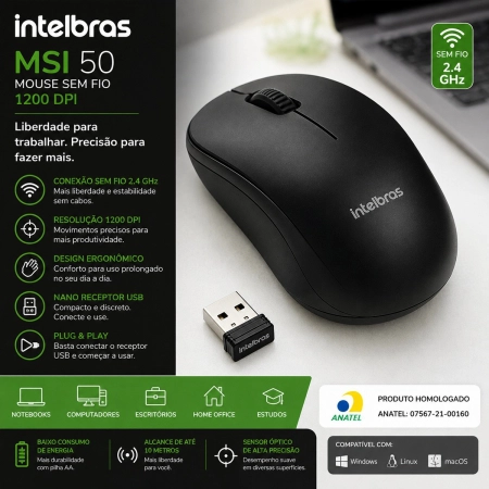 Mouse sem fio 1200 dpi MSI 50 Preto - Intelbras